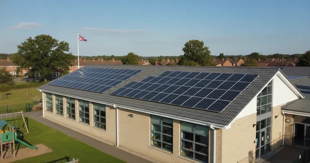 A modern solar panel array on the roof of a school building in the UK, with a clear blue sky — SolarNevs spec card