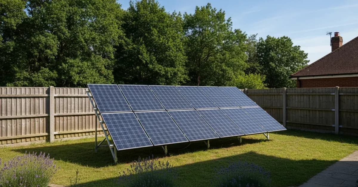 A ground-mounted solar array in a domestic garden, clearly showing its distance from a boundary fence — SolarNevs spec card
