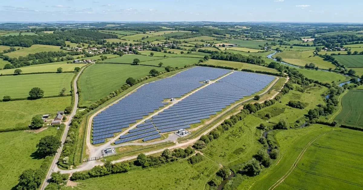 Aerial view of a ground-mounted solar farm within fenced boundaries in the English countryside. — SolarNevs spec card