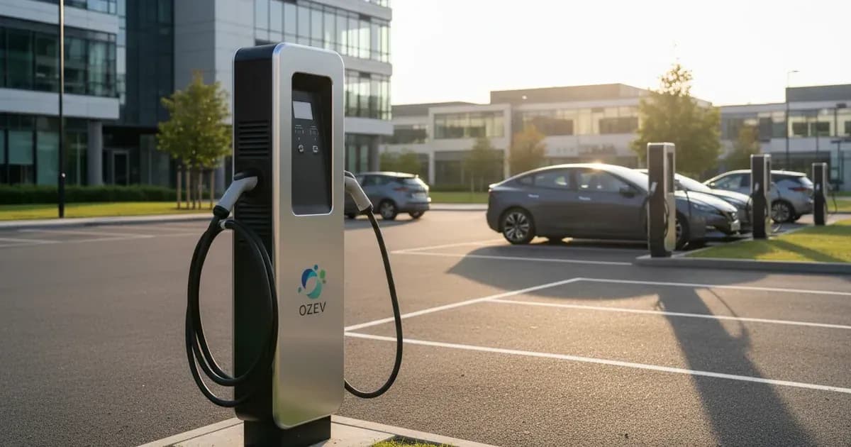 A photo of a modern EV chargepoint in a workplace car park, with a subtle OZEV logo — SolarNevs spec card