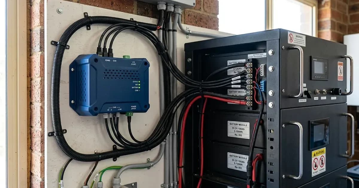 Solar battery system gateway controller wired to rack-mounted lithium battery modules. — SolarNevs spec card