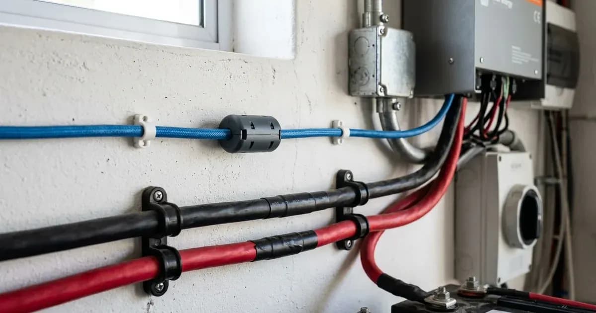 Communication cable with a ferrite bead clamp routed parallel above heavy DC power cables. — SolarNevs spec card