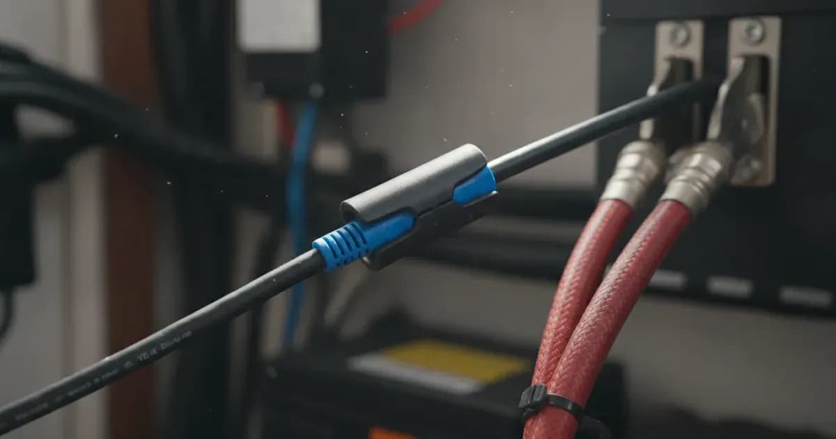A close-up photo of a Victron VE.Bus cable with a ferrite core clip attached, showing separation from a thick power cable — SolarNevs spec card