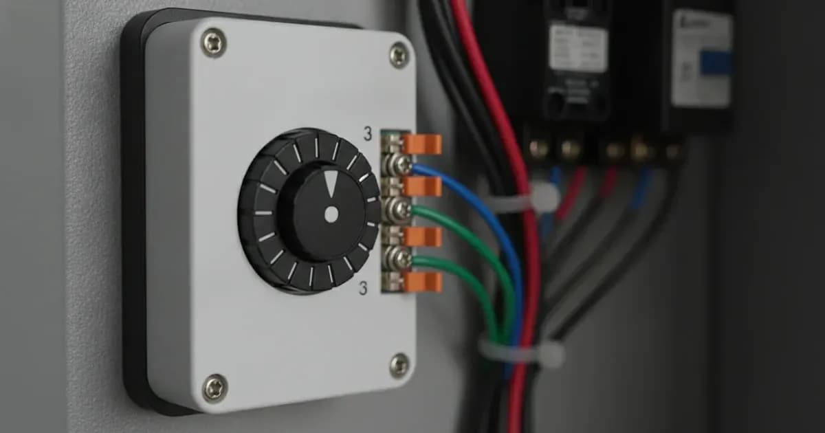 Tank sender adapter module with rotary dial, terminal blocks, and wired leads on a workbench. — SolarNevs spec card