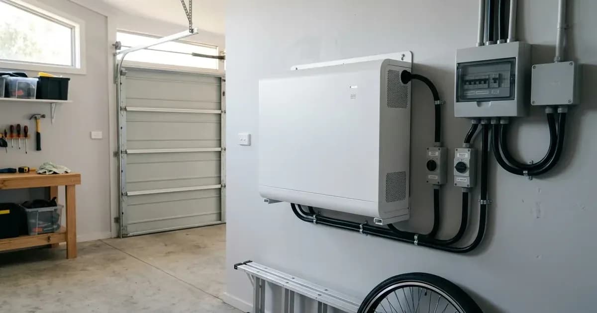 White wall-mounted home battery storage unit installed beside an electrical distribution box in a garage. — SolarNevs spec card