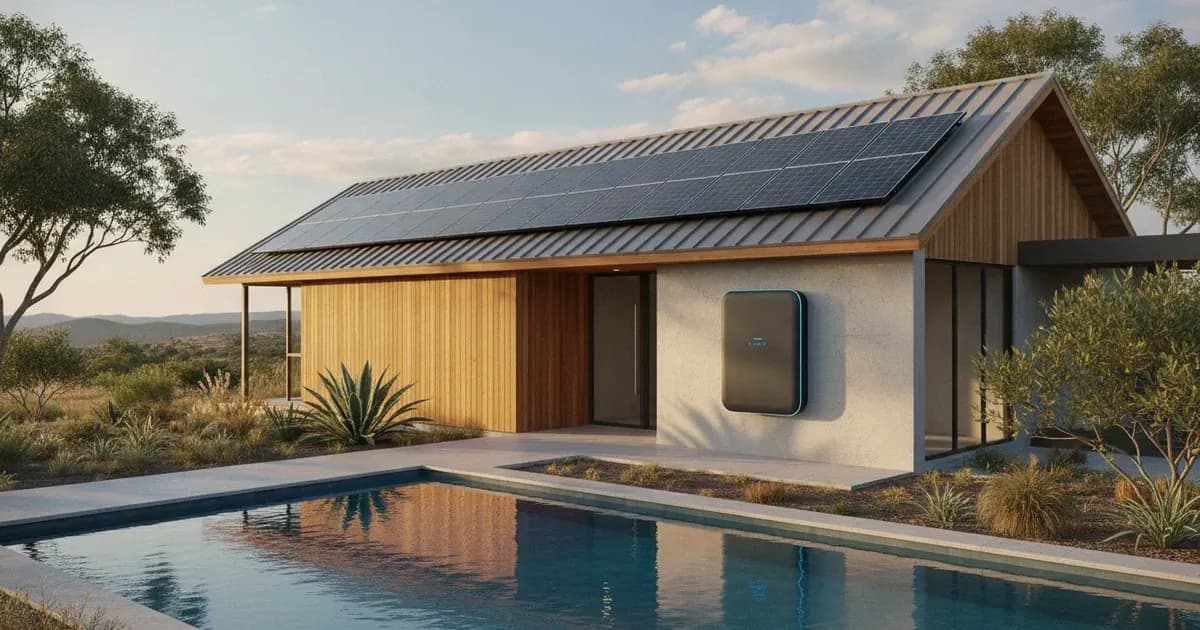 A modern Australian home with a solar panel array on the roof and a sleek battery storage unit mounted on an exterior wall — SolarNevs spec card