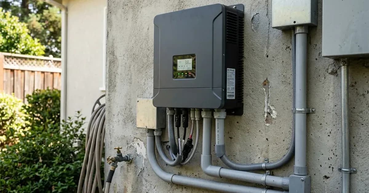 Single-phase solar inverter mounted on an exterior wall with conduit wiring. — SolarNevs spec card