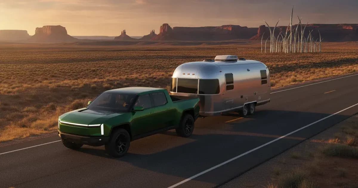 An electric pickup towing an airstream-style trailer on a western highway, charging pylons visible far ahead — SolarNevs spec card