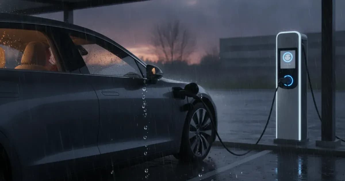 An EV charging in heavy rain at dusk, water beading off the connector, warm cabin light — SolarNevs spec card