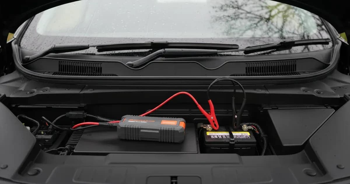 A compact booster pack clipped to a small 12-volt battery in an EV frunk, rain on the windshield — SolarNevs spec card