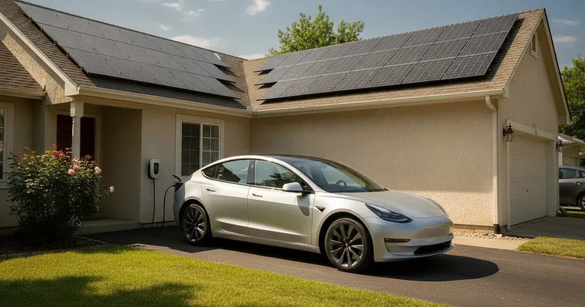 An electric car charging in a driveway beneath rooftop solar panels on an American home, midday sun — SolarNevs spec card