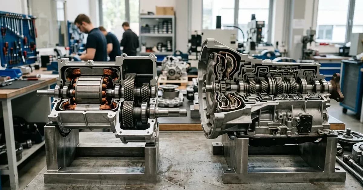 Cutaway display comparing an electric motor with reduction gear against a multi-speed transmission. — SolarNevs spec card