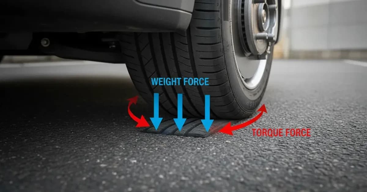 A close-up of a tire contact patch under an EV with weight and torque force arrows illustrated — SolarNevs spec card