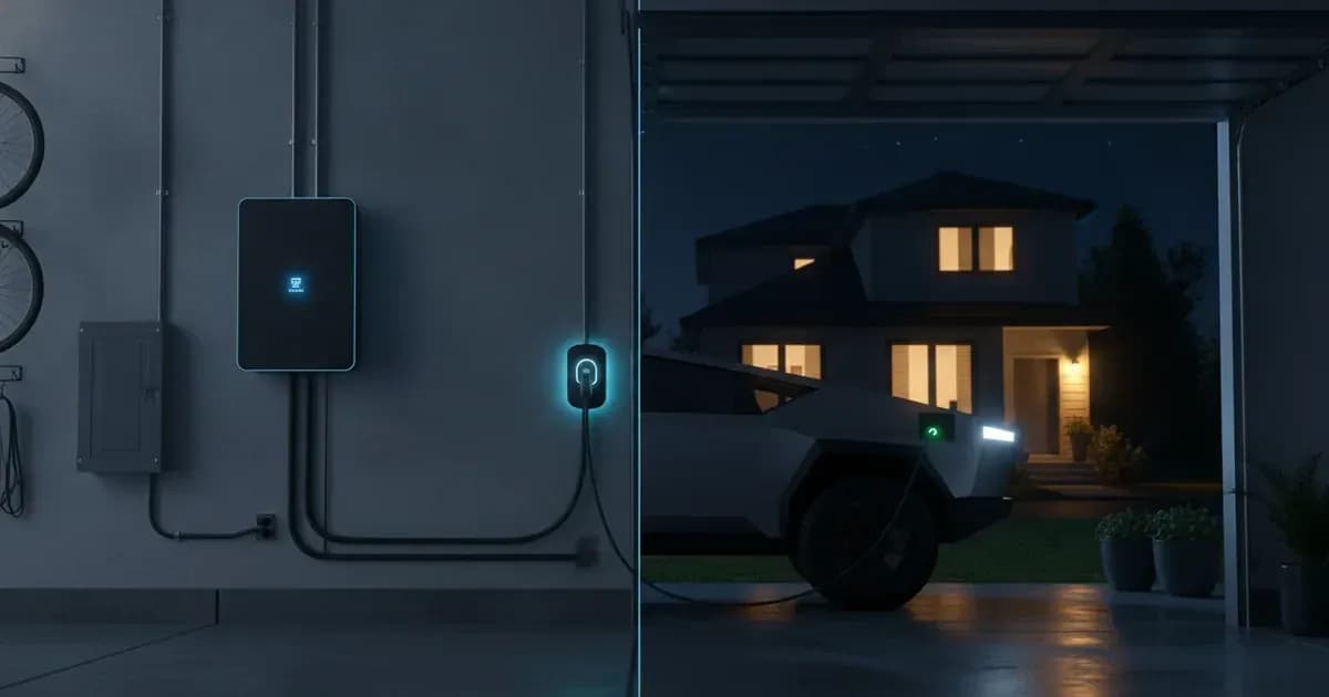 A split garage scene — wall battery on one side, electric truck plugged in on the other, house lights on during a neighborhood outage — SolarNevs spec card