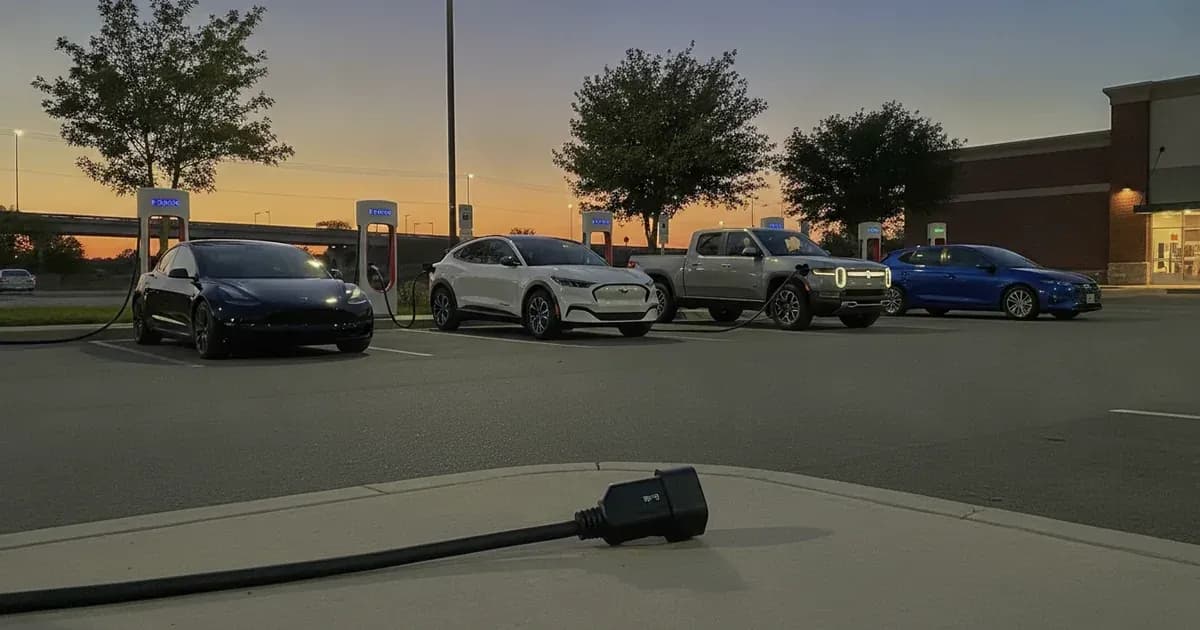 A row of DC fast chargers at dusk with mixed-brand EVs plugged in, one cable coiled in the foreground showing the NACS connector shape — SolarNevs spec card