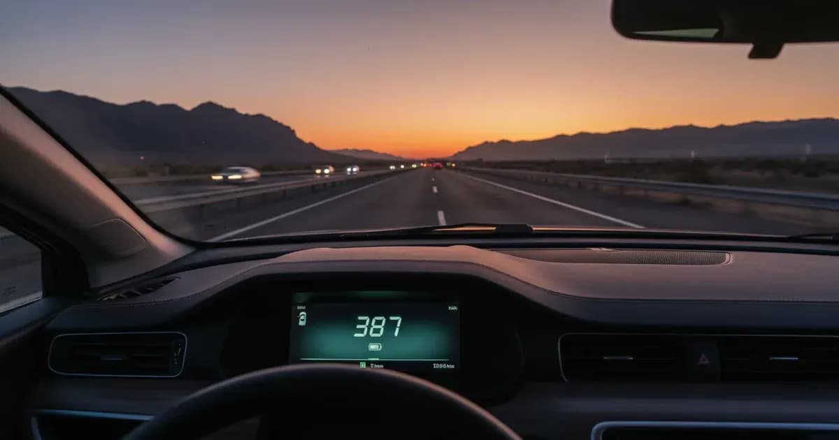 An EV dashboard range readout at dusk on an open highway, mountains ahead, the number reading a comfortable margin — SolarNevs spec card