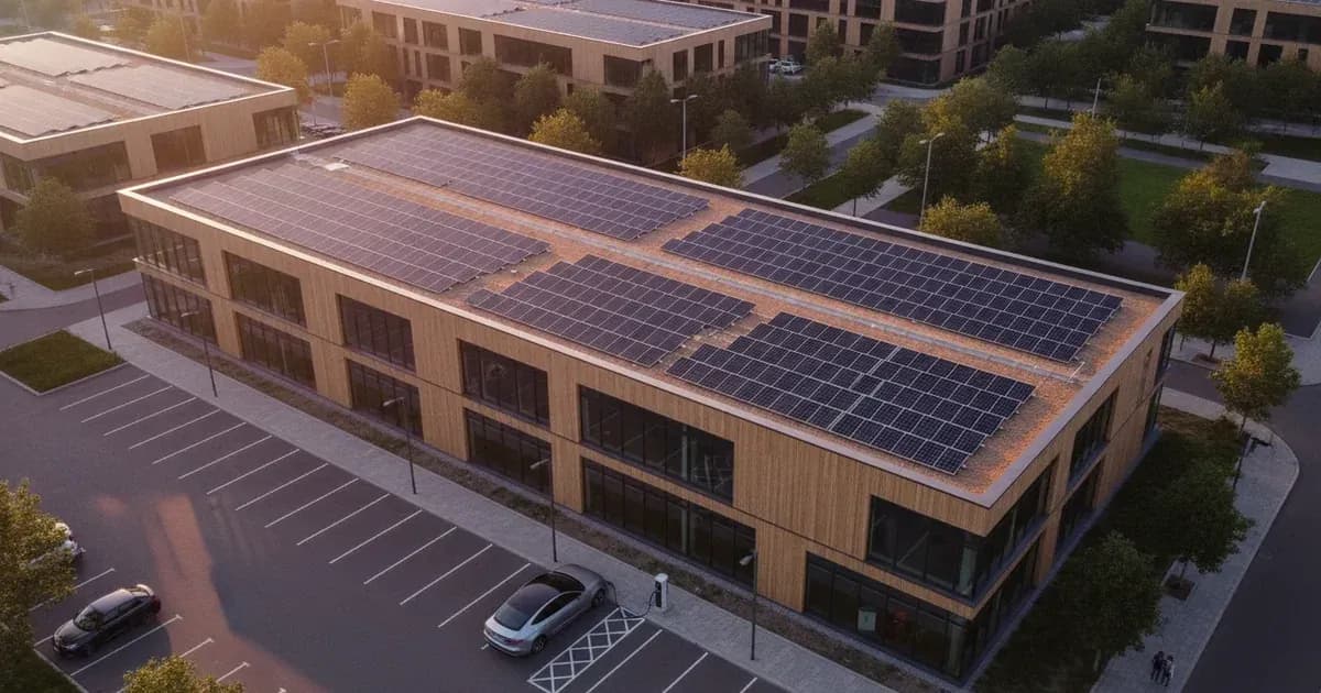 Overhead view of a rooftop solar array with an electric car charging below, panels highlighted in groups — SolarNevs spec card