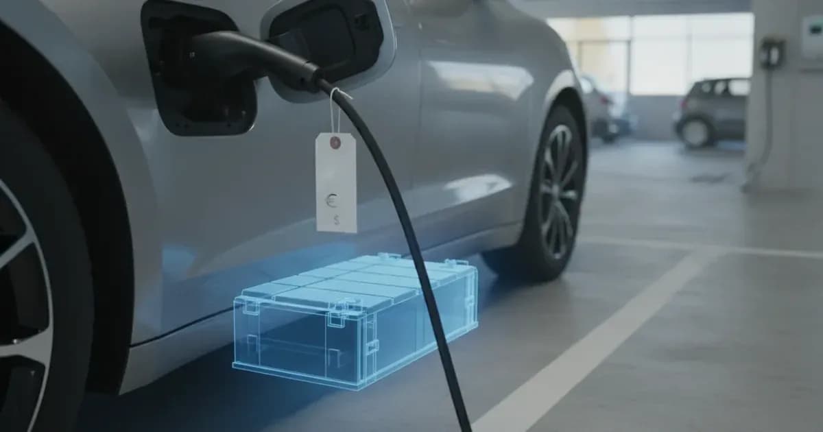 A price tag hanging from an EV's charge port, with a battery pack ghosted beneath the car's floor — SolarNevs spec card