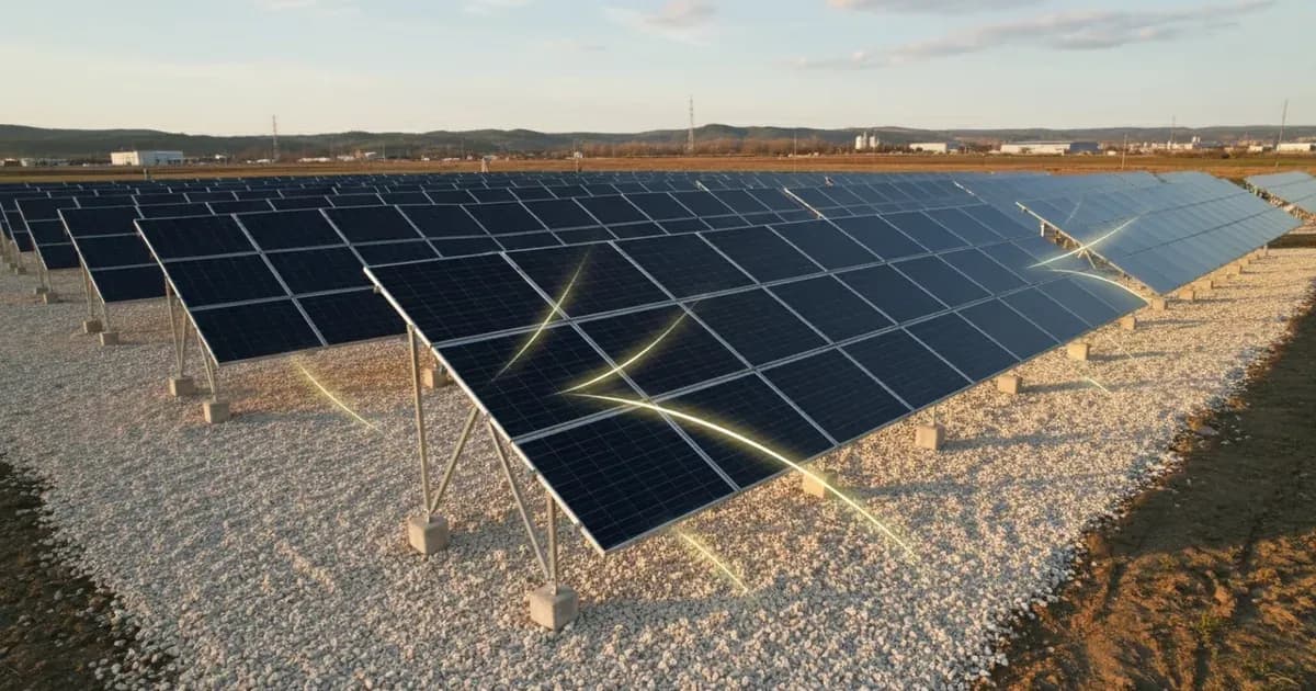 An elevated ground-mount bifacial array over bright gravel, light rays drawn bouncing to the panel undersides — SolarNevs spec card