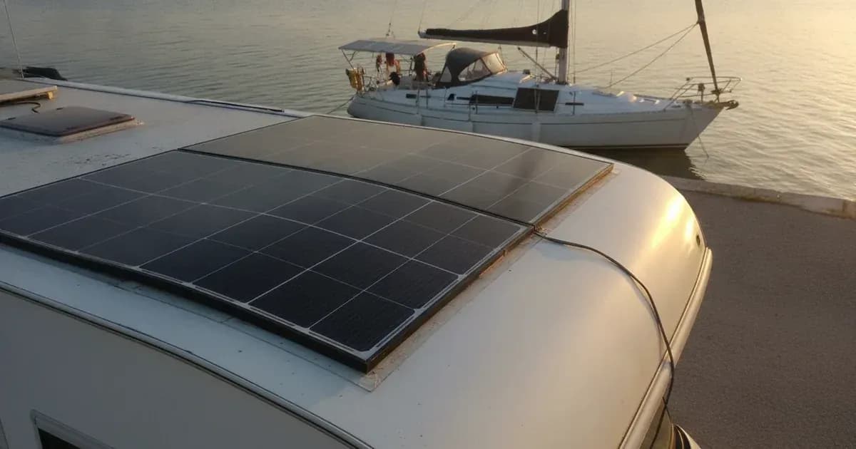 A flexible panel conforming to a curved fiberglass RV roof, sailboat with deck panels in the background — SolarNevs spec card