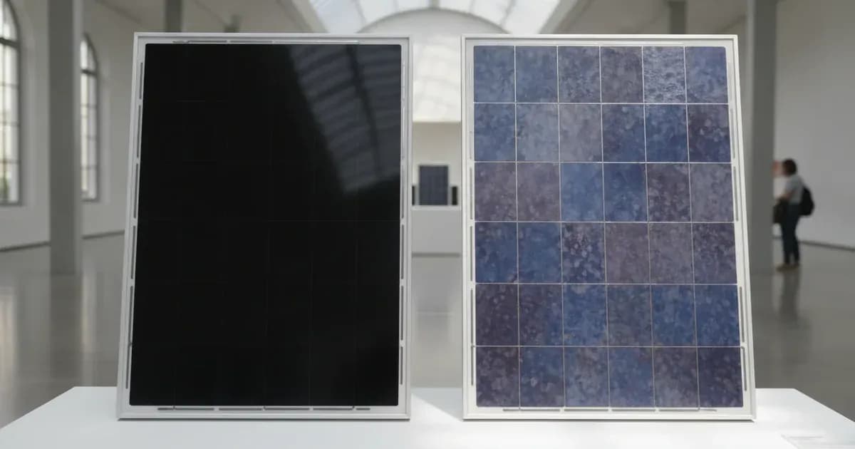 A gleaming black mono panel beside a faded blue poly panel in a museum-display arrangement — SolarNevs spec card
