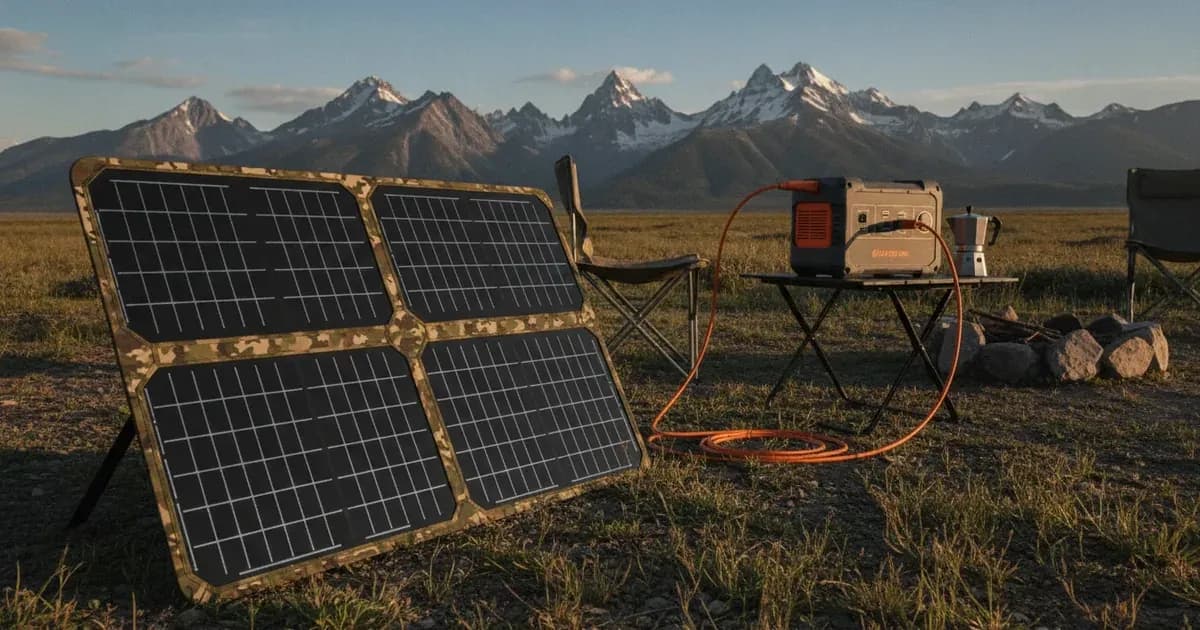A folding solar panel propped at a campsite feeding a power station, mountains behind, cable neatly coiled — SolarNevs spec card