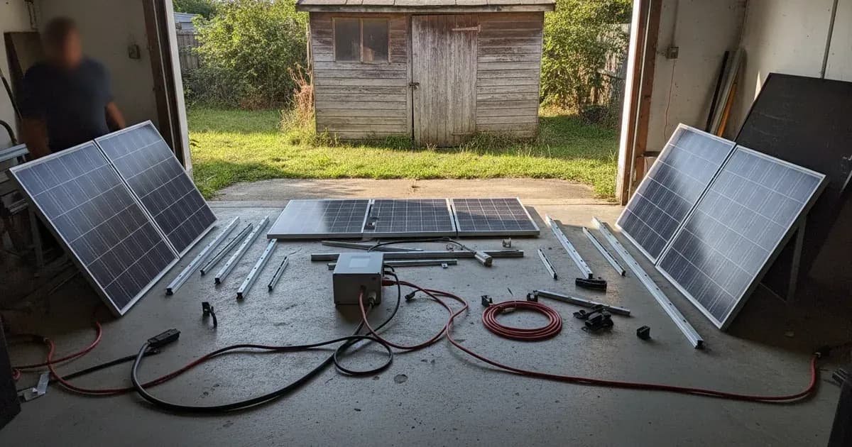 An opened solar kit laid out on a garage floor — panels, inverter, racking, cables — with a shed in the background — SolarNevs spec card