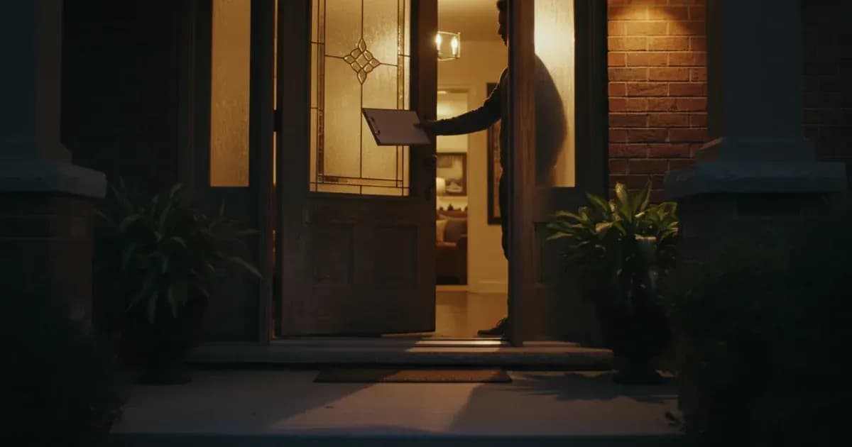 A doorstep at dusk, a clipboard held out, the homeowner's hand on a half-closed door — SolarNevs spec card