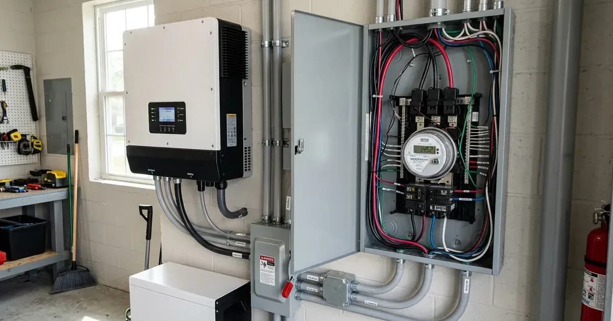 Wall-mounted hybrid inverter and battery system connected to an open electrical service panel with a digital meter. — SolarNevs spec card