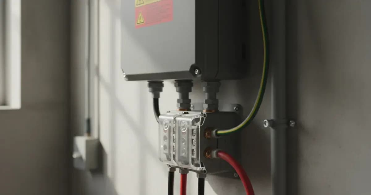 A close-up of a solar PV inverter's warning label and a DC switch-disconnector, clearly showing British wiring standards — SolarNevs spec card