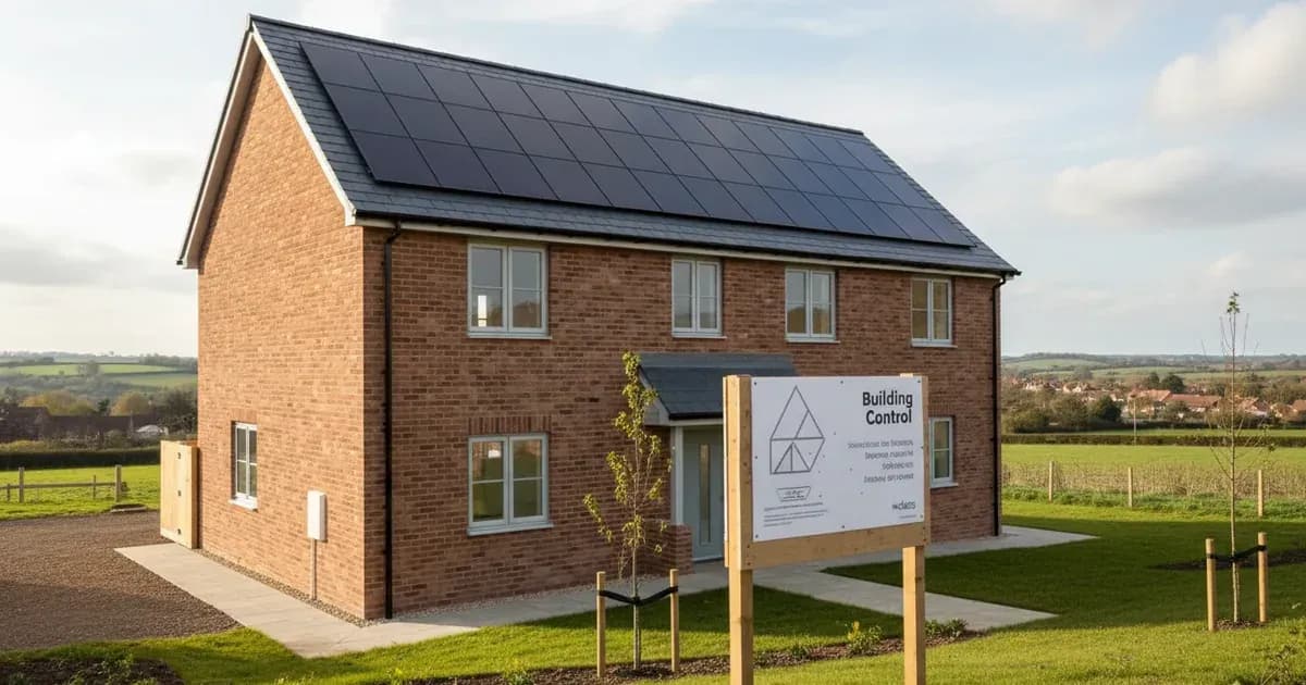 A new build home in England with integrated in-roof solar panels, showing a Building Control notice on a construction board — SolarNevs spec card