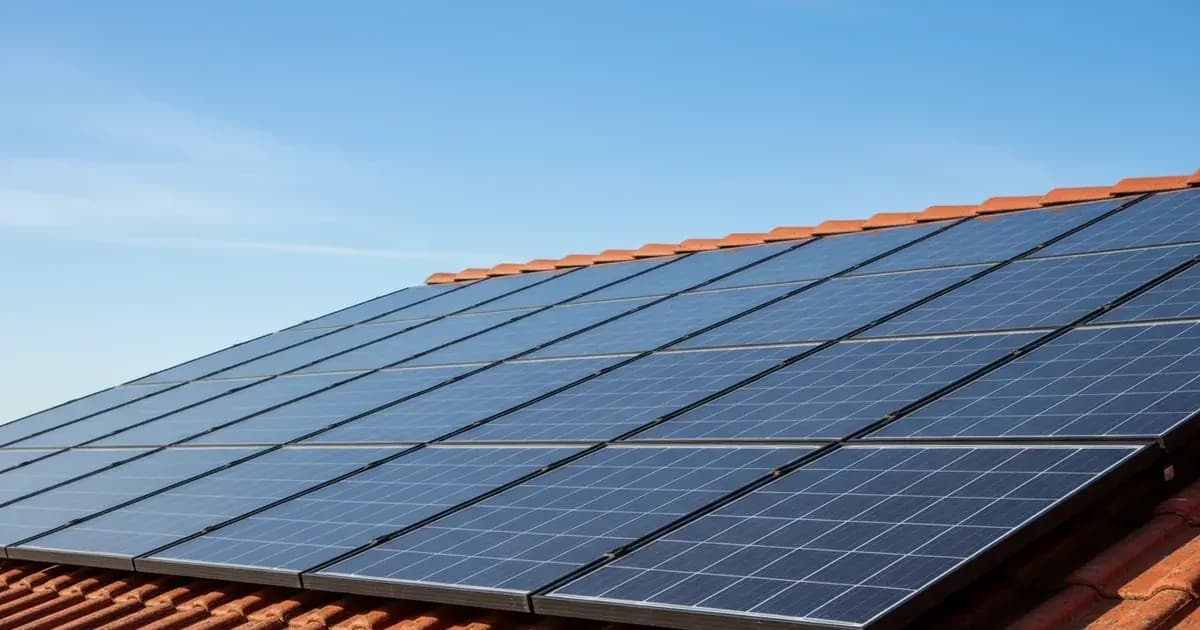 A close-up of solar panels on a residential rooftop, with a clear blue sky background, showing minimal projection from the roofline — SolarNevs spec card