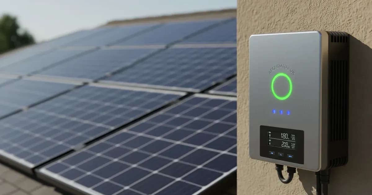 A close-up of a modern solar inverter with a visible AFCI status indicator, set against a blurred background of a rooftop solar array — SolarNevs spec card