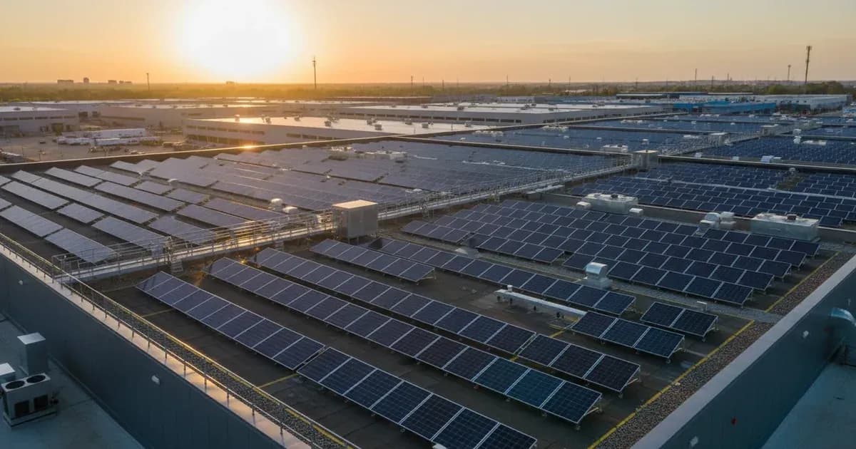 A large commercial rooftop solar array on a modern industrial building, with clear access pathways — SolarNevs spec card