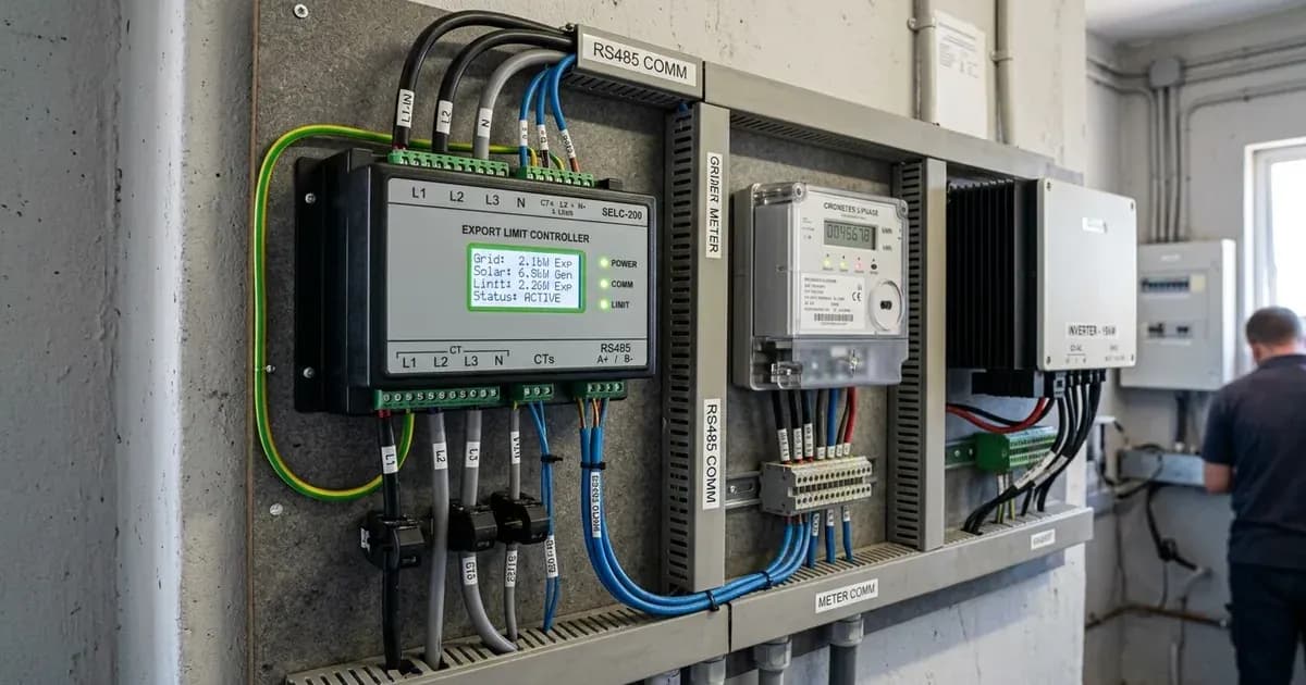 Solar export limitation controller device and digital meter wired with RS485 communication cables on a backboard. — SolarNevs spec card