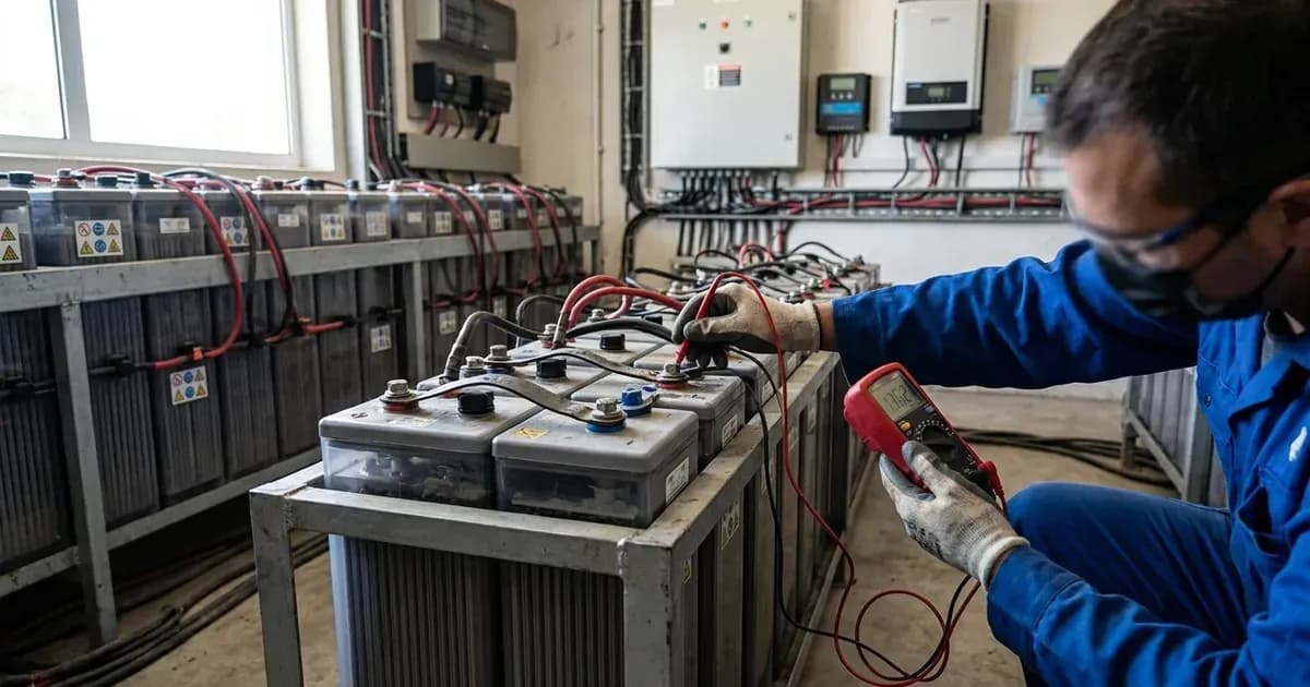 A technician checking terminal voltage on a large battery bank using a digital multimeter. — SolarNevs spec card