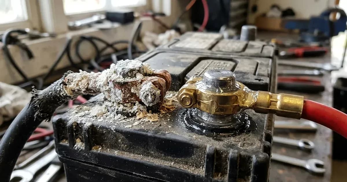 Corroded battery terminal with white sulfate crust beside a cleaned and greased connection. — SolarNevs spec card
