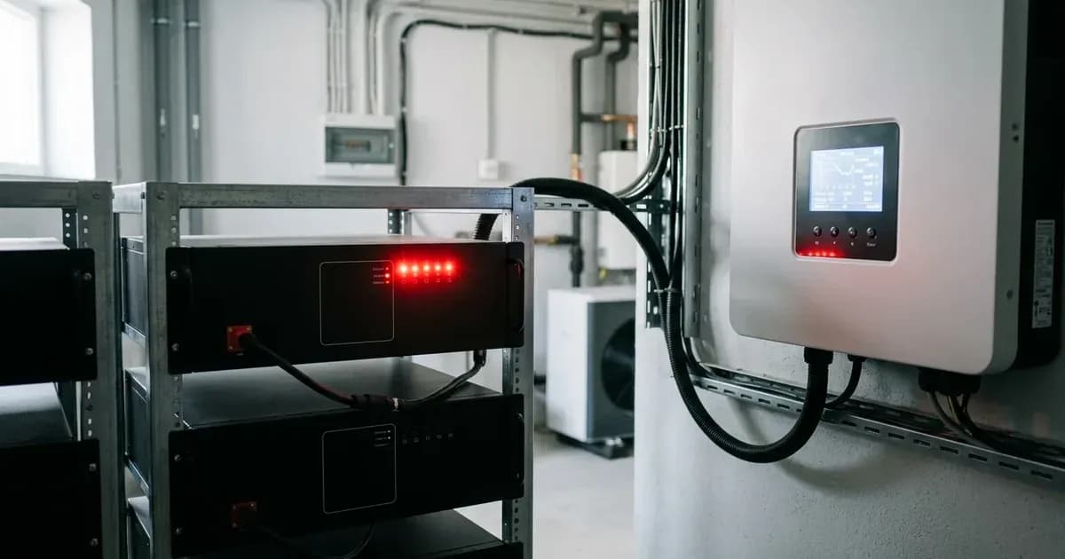 Lithium battery module status LEDs and hybrid inverter display mounted in a solar power utility room. — SolarNevs spec card