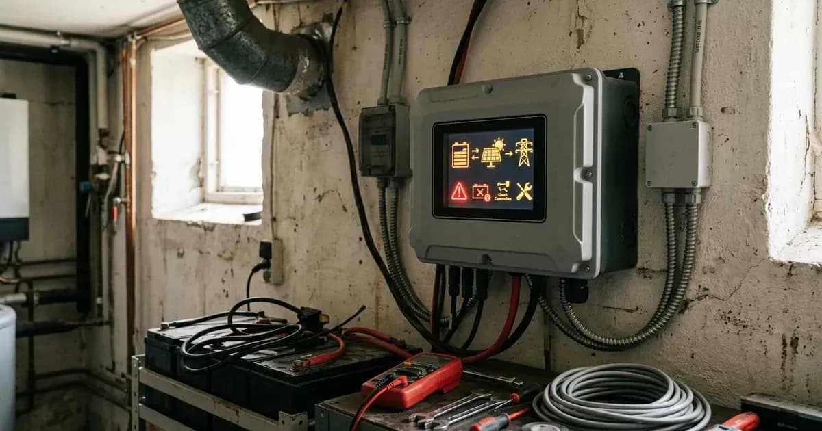 Wall-mounted solar inverter LCD screen showing battery status indicators in a home utility room. — SolarNevs spec card