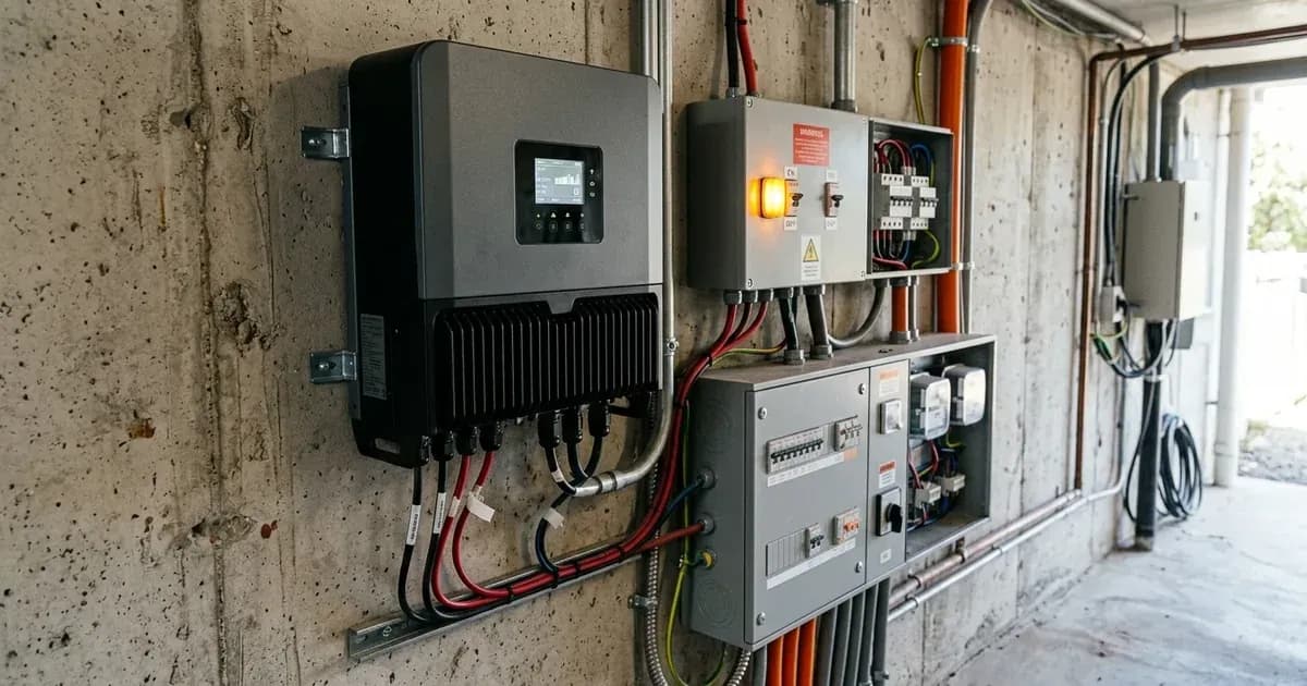 Hybrid solar inverter mounted on a wall beside electrical breaker boxes with warning light active. — SolarNevs spec card