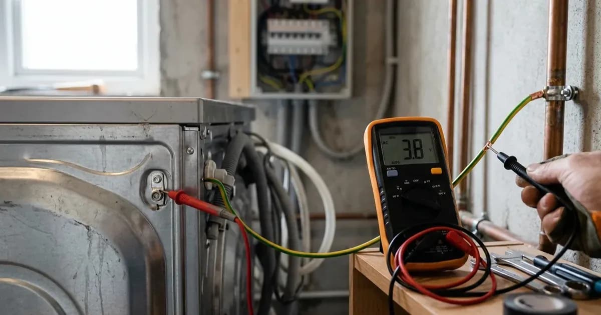 Digital multimeter measuring voltage between an appliance metallic casing and grounding wire. — SolarNevs spec card