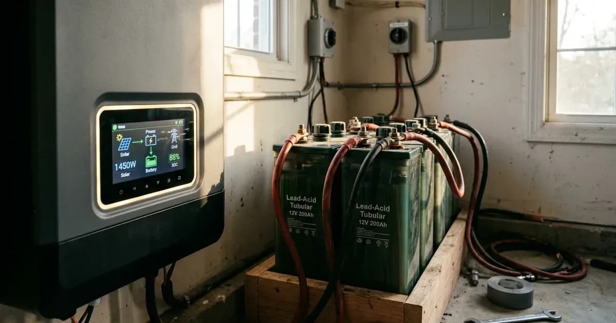 Solar UPS inverter control panel with deep-cycle lead-acid tubular batteries connected in the background. — SolarNevs spec card
