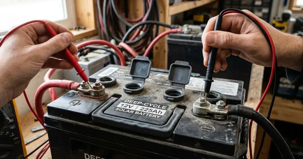Multimeter probes testing terminal voltage on a deep-cycle solar battery in an electrical workshop. — SolarNevs spec card