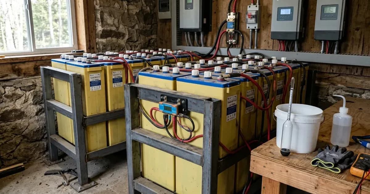 Flooded tubular deep-cycle battery bank on storage racks with battery maintenance equipment in a power room. — SolarNevs spec card
