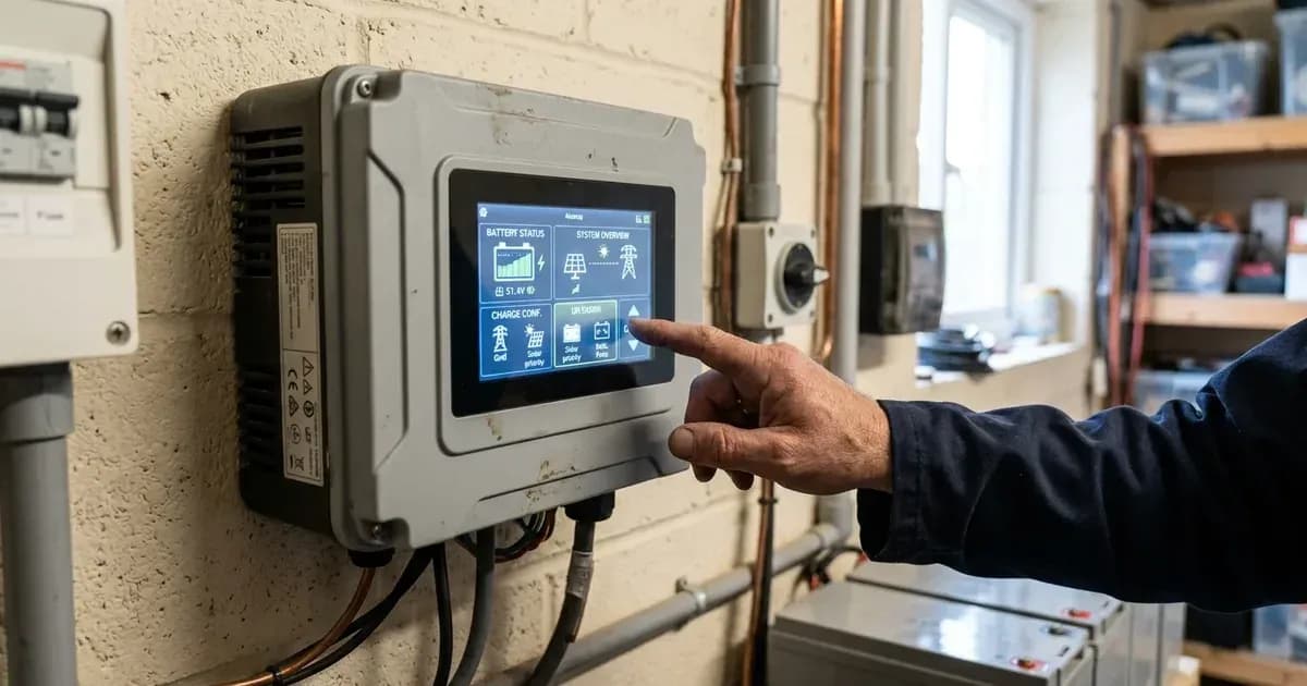 Technician configuring battery parameters on a hybrid solar inverter LCD touchscreen in a utility room. — SolarNevs spec card