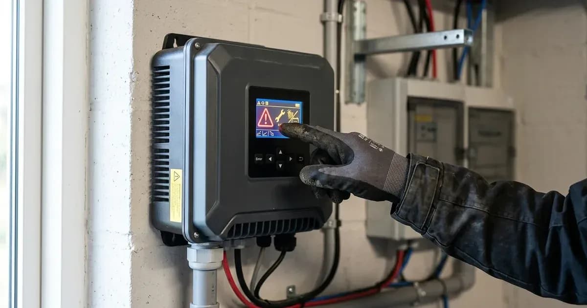 Technician pointing to diagnostic fault warning indicators on a solar hybrid inverter LCD display panel. — SolarNevs spec card