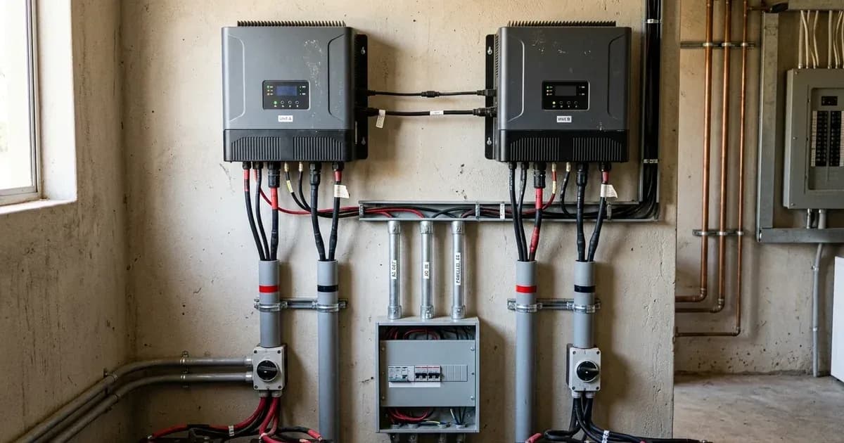 Two hybrid solar inverters mounted side-by-side with parallel communication cables and heavy DC wiring. — SolarNevs spec card