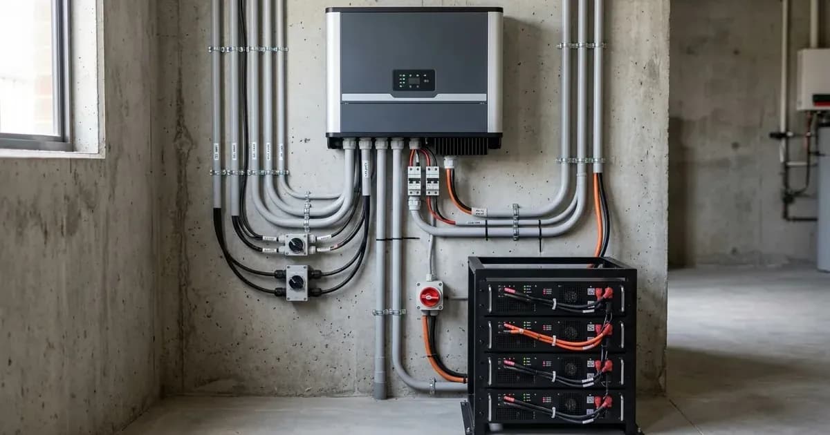 Wall-mounted three-phase hybrid solar inverter with neat electrical conduit wiring and modular battery rack below. — SolarNevs spec card