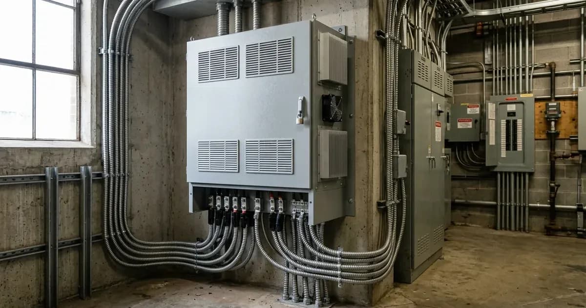Commercial three-phase high-voltage solar hybrid inverter unit installed in an electrical control room. — SolarNevs spec card