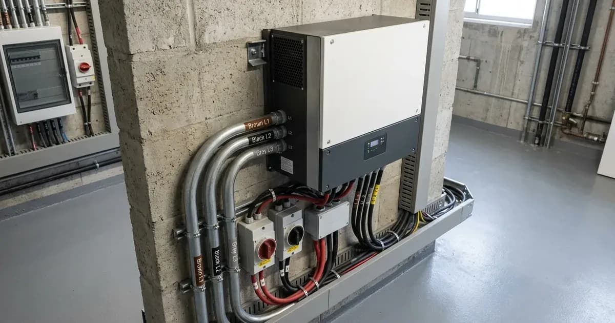 Commercial three-phase hybrid solar inverter mounted on a wall with conduit and heavy electrical cabling. — SolarNevs spec card